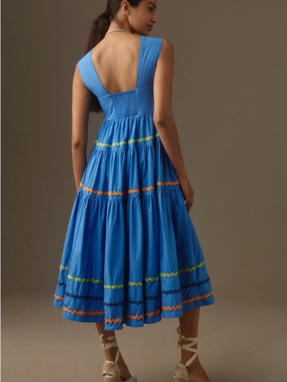 Anthropologie Blue Tiered Midi Dress with Colorful Ric Rac Trim - Picture 2 of 3